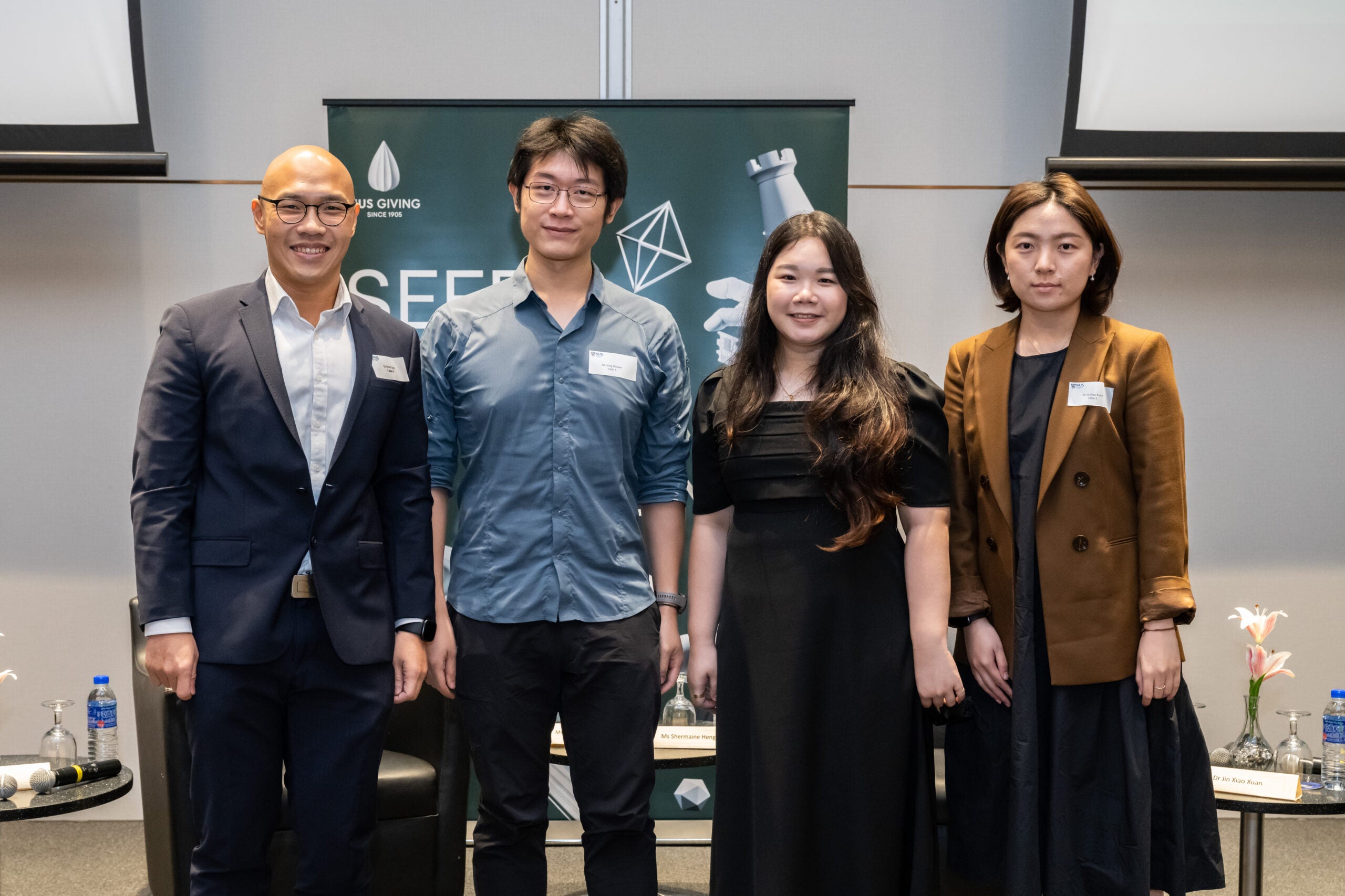 From left: Moderator Dr Alvin Loo, Lecturer at the NUS Department of Food Science and Technology; and Guest Speakers Mr Song Zhixuan, Co-founder of Liloss; Ms Shermaine Heng, Co-founder of Curated Culture; and Dr Jin Xiaoxuan, Co-founder of AuroraFood.