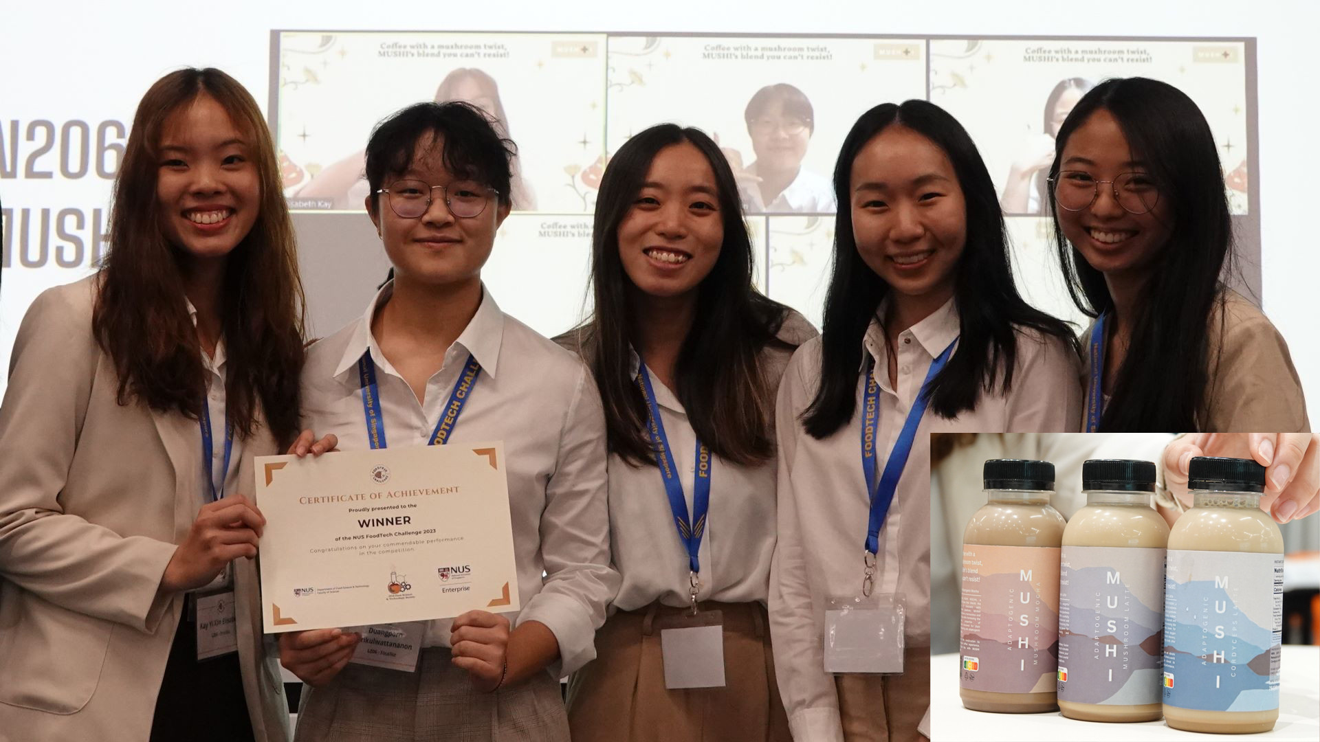 Comprising NUS Year 2 and Year 3 students from the Life Sciences, Food Science & Technology, and Data Science & Economics programmes, team MUSHI clinched the local track prize with their idea of an adaptogenic mushroom coffee blend (inset photo).