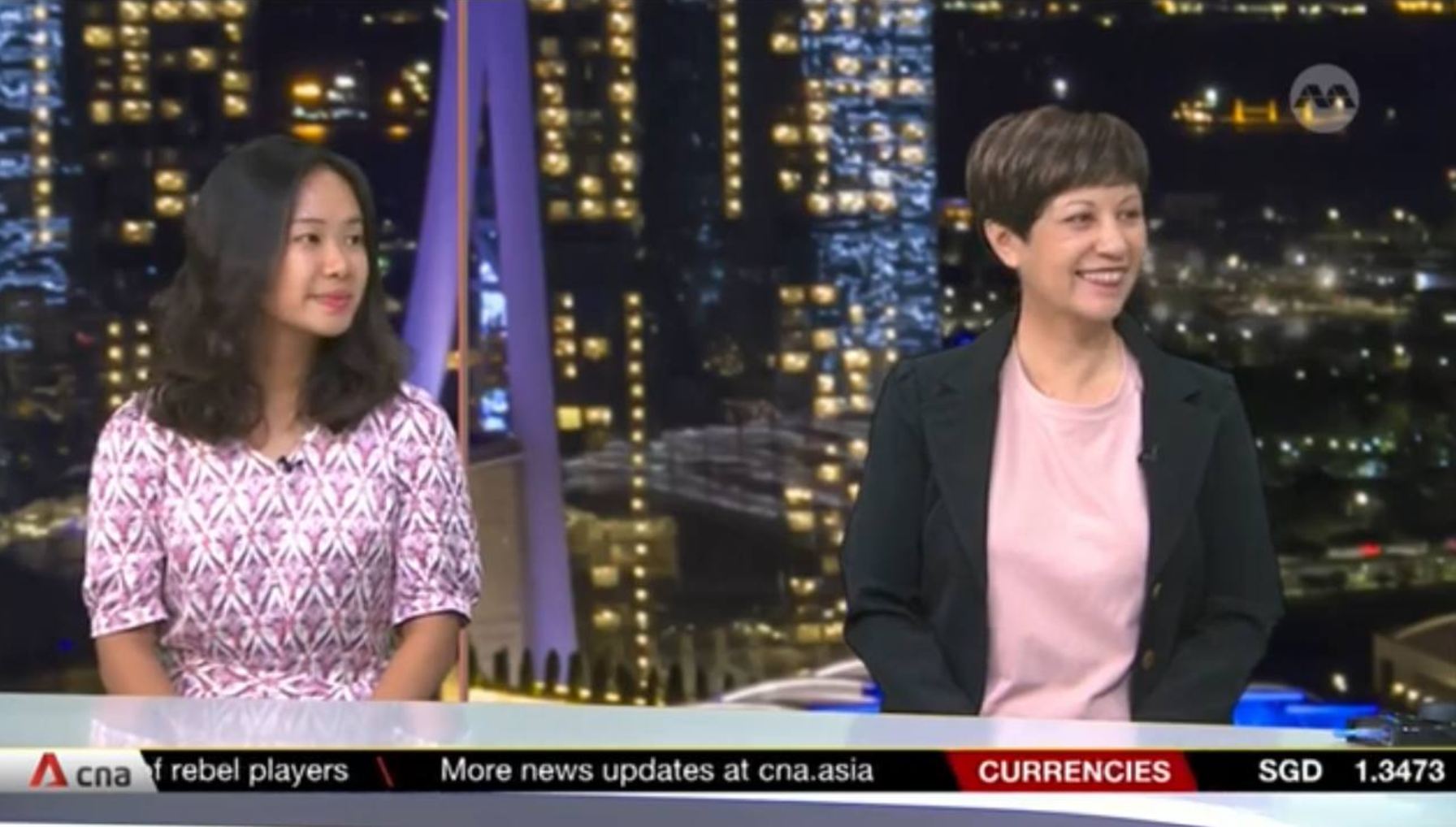 Tongyu with Minister in the Prime Minister’s Office Indranee Rajah on Singapore Tonight. 