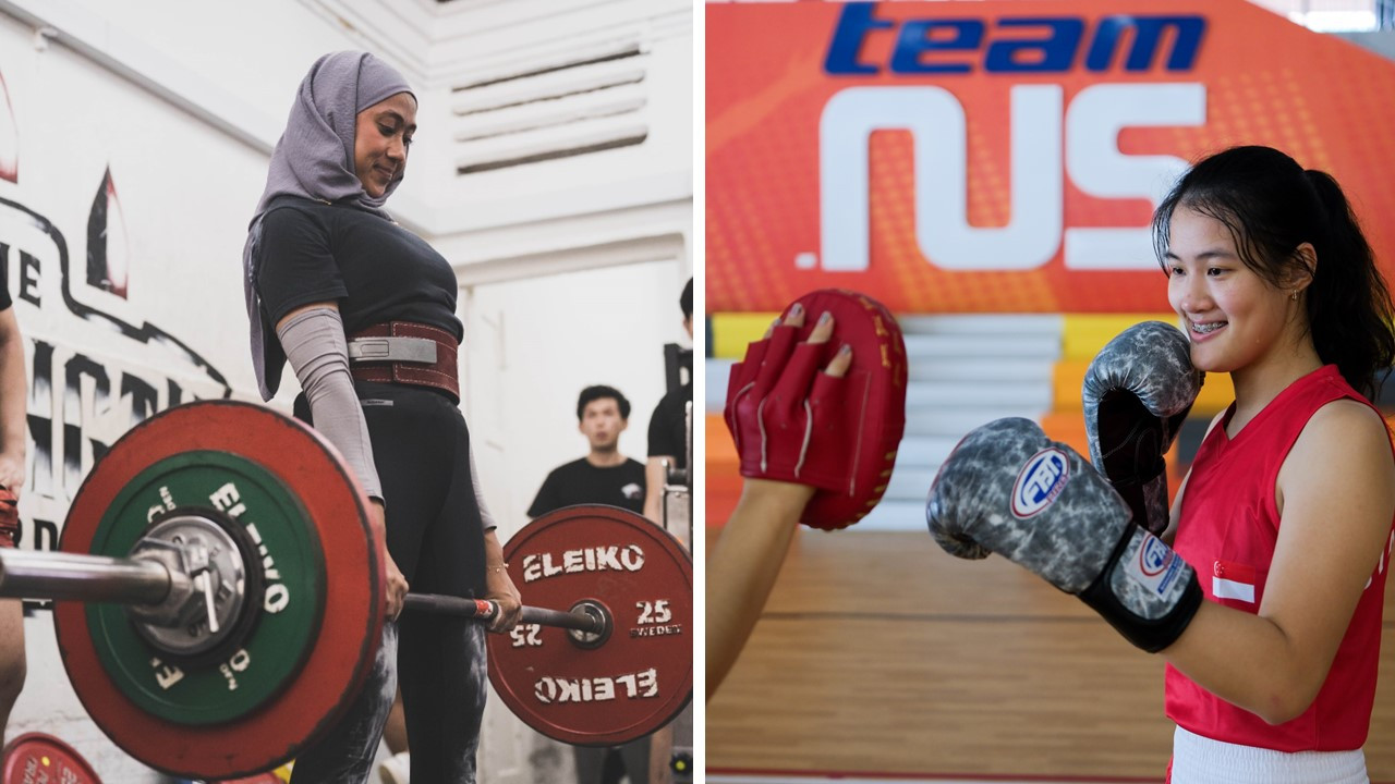 TeamNUS athletes, Nur Syafiqah Mohammed Shamsul (left) and Berniss Chow (right) who compete in powerlifting and boxing respectively, are stepping forward to change the perceptions of these traditionally male-dominated sports. (Left photo: Lee Chee Wan)