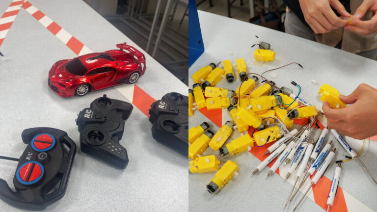 NUS Bitscraps 3 To build their confidence in repairing electronics, members are exposed to a variety of items – from broken RC devices (left) to broken motors (right).