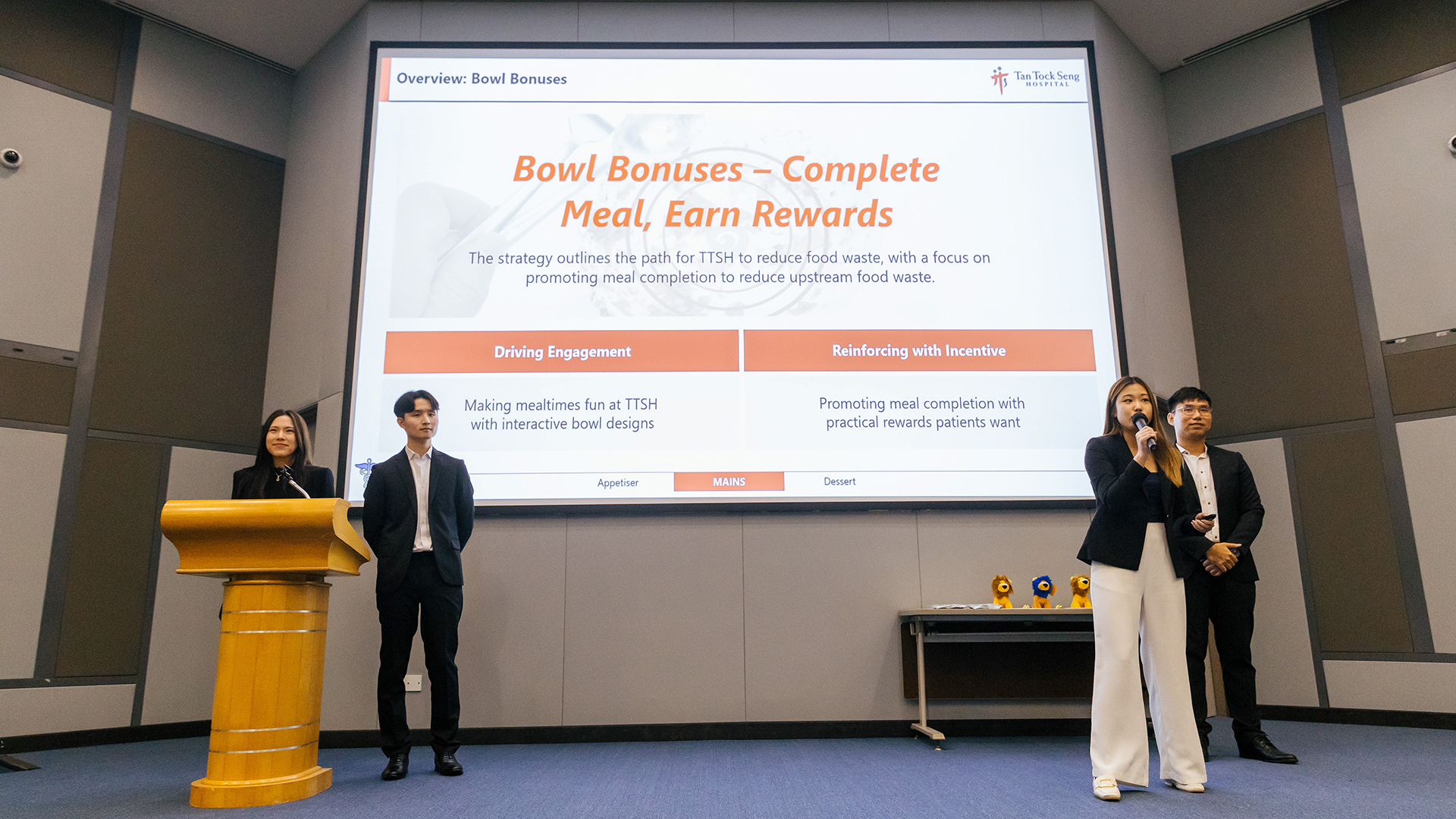 Team Pharma X took home the top prize of S$2,000 for their winning proposal which included interactive bowl designs and gamification to tackle hospital food waste.