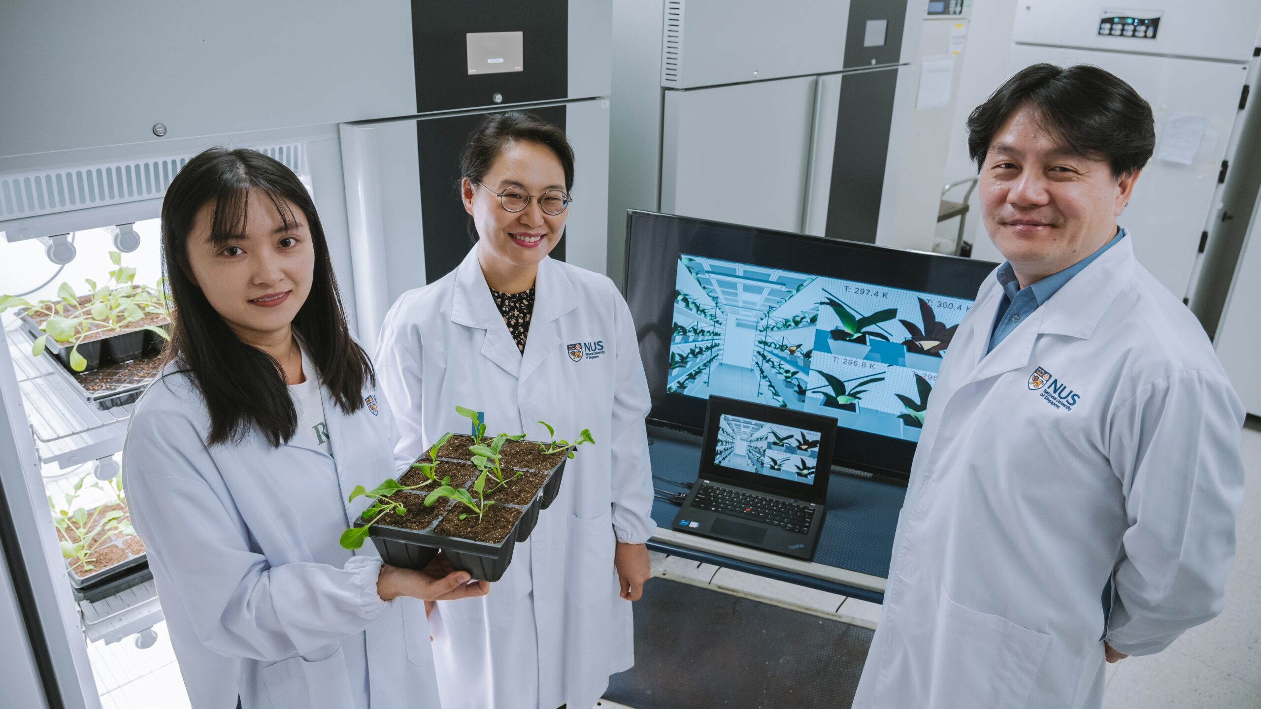 Assoc Prof Chengkuo Lee (right), Asst Prof Eunyoung Chae (centre) and Ms Yanqin Yang (left) developed an innovative plant e-skin and digital-twin platform to facilitate efficient decision-making in crop breeding and precision farming.