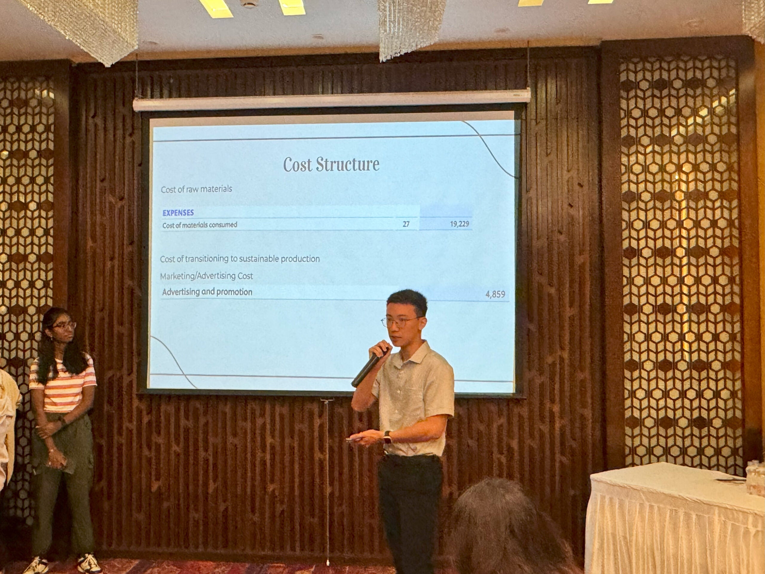 Photo of me doing a presentation analysing our allocated company, Hindustan Unilever. We applied the Business Canvas Model and I was explaining the company's business decisions with reference to their financial records